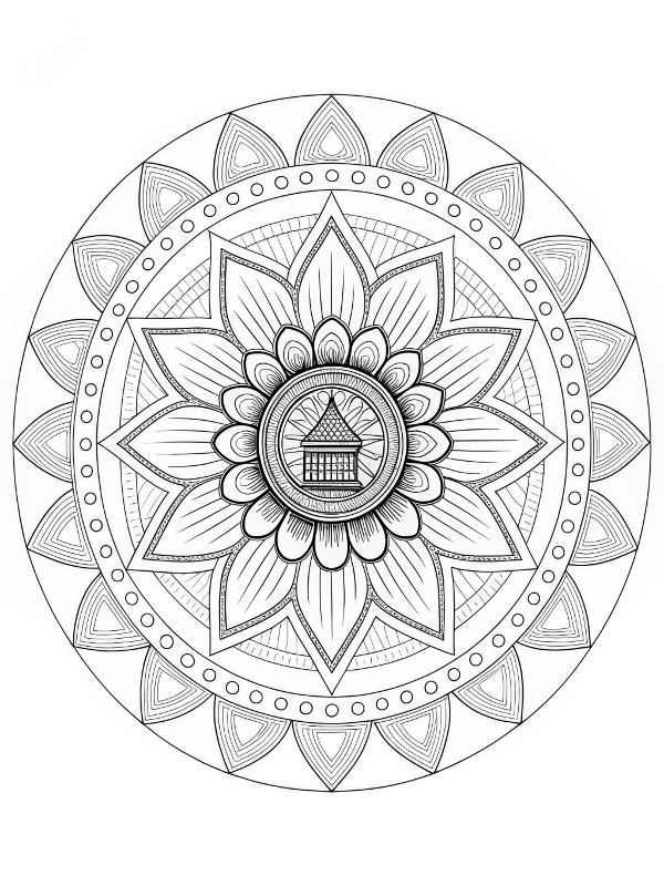 Desenho de Mandala com Flor e Detalhes Geométricos para colorir