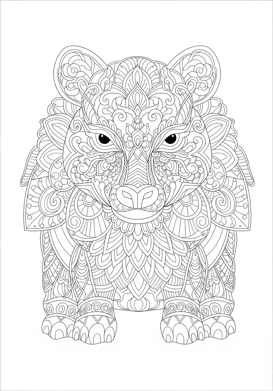 Desenho de Mandala: Urso com detalhes florais para colorir