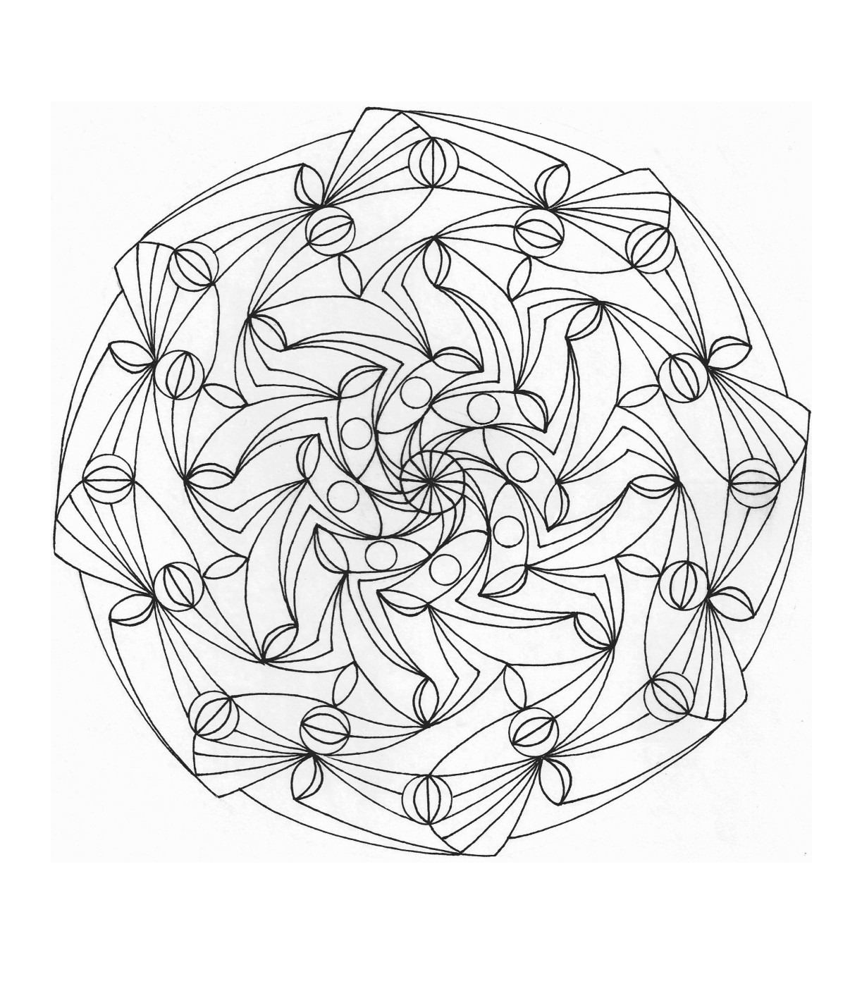 Desenho de Mandala com padrões de espirais e círculos para colorir