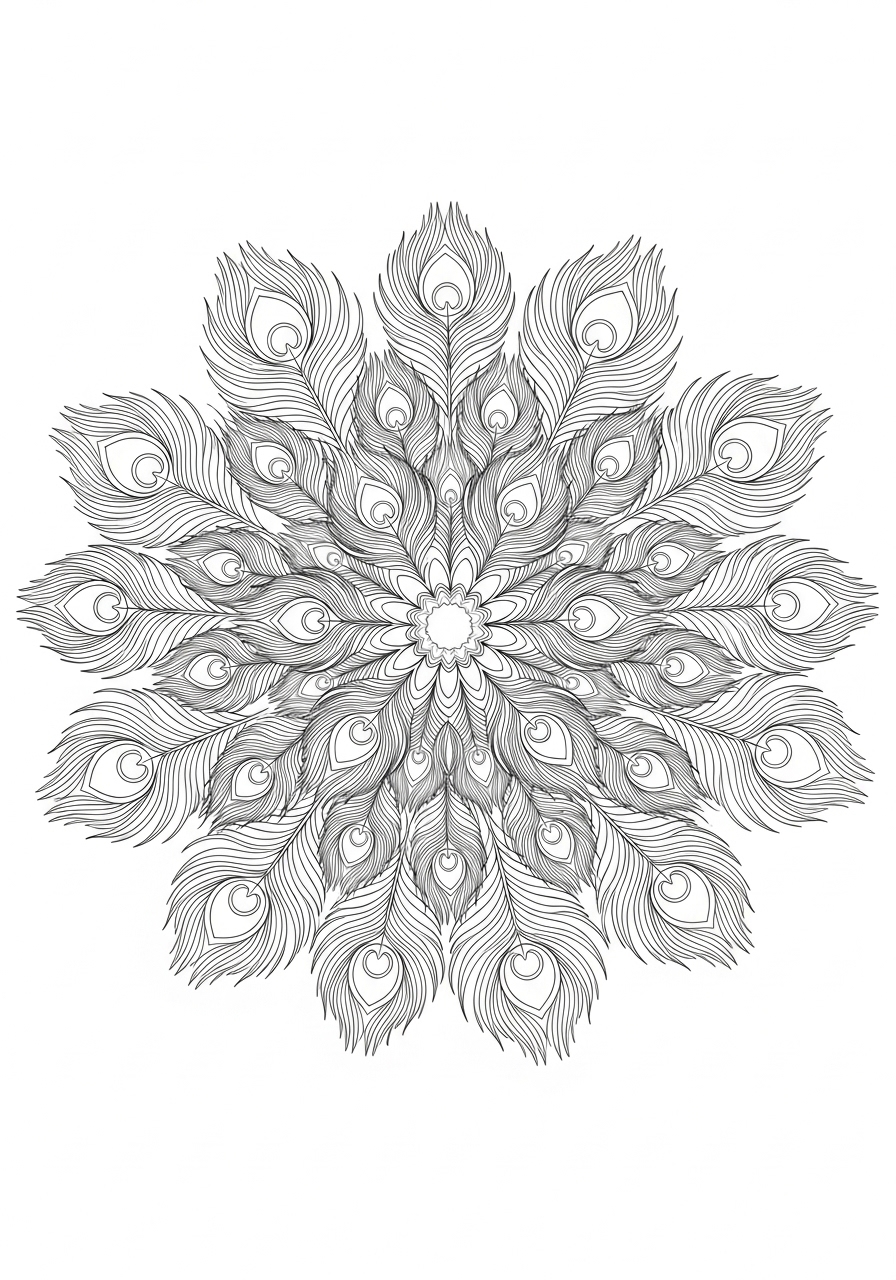 Desenho de Mandala com penas para colorir