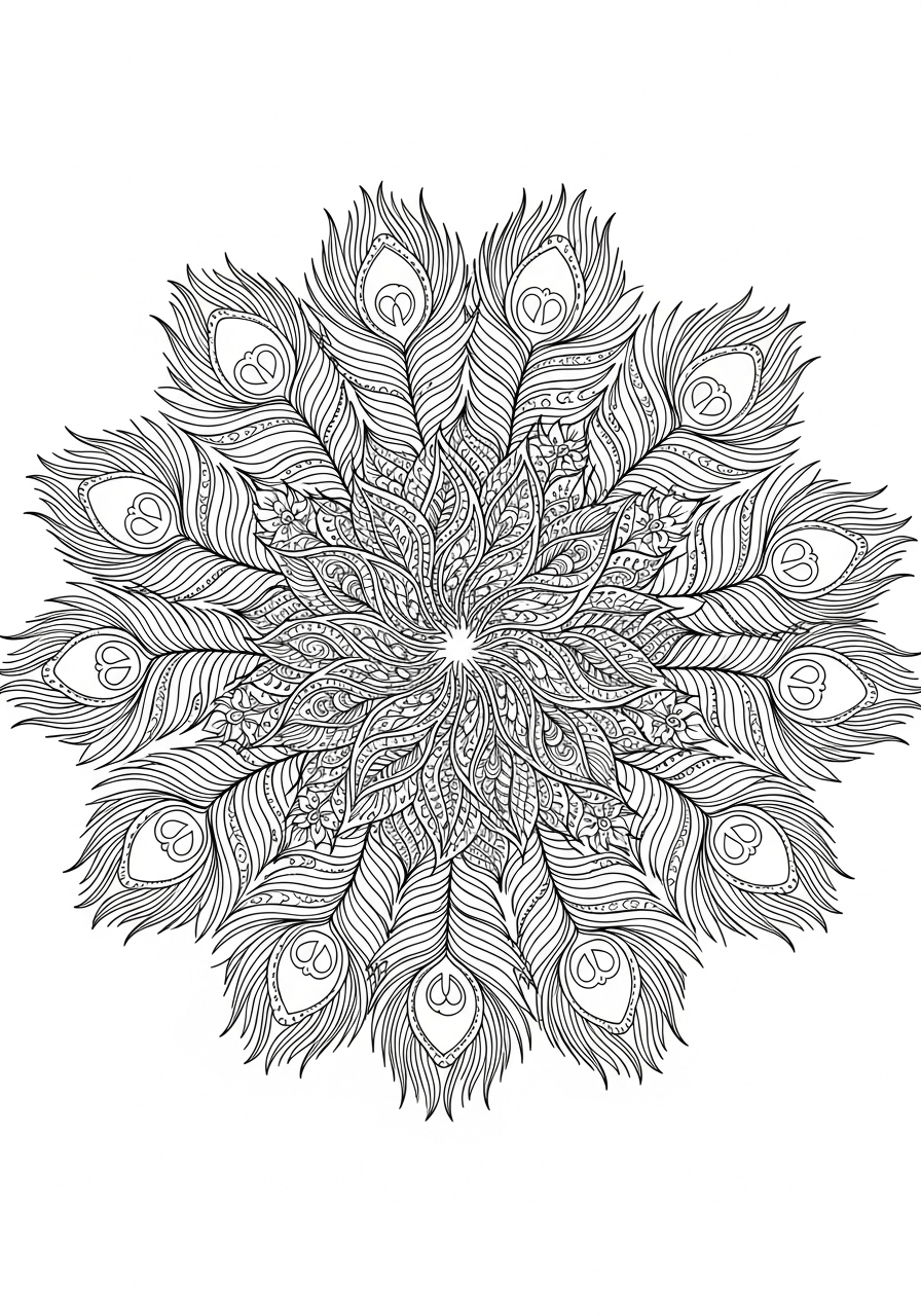 Desenho de Mandala com folhas e padrões intricados para colorir