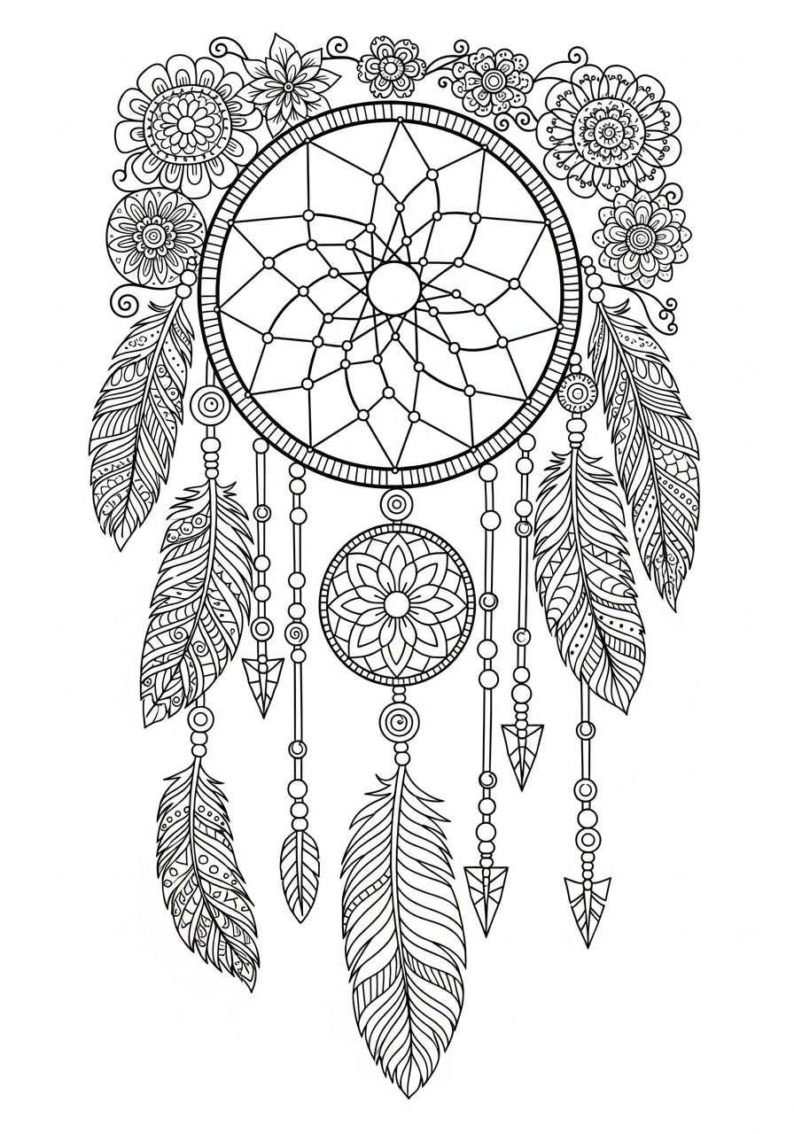 Desenho de Mandala Sonhos para Colorir com flores e penas
