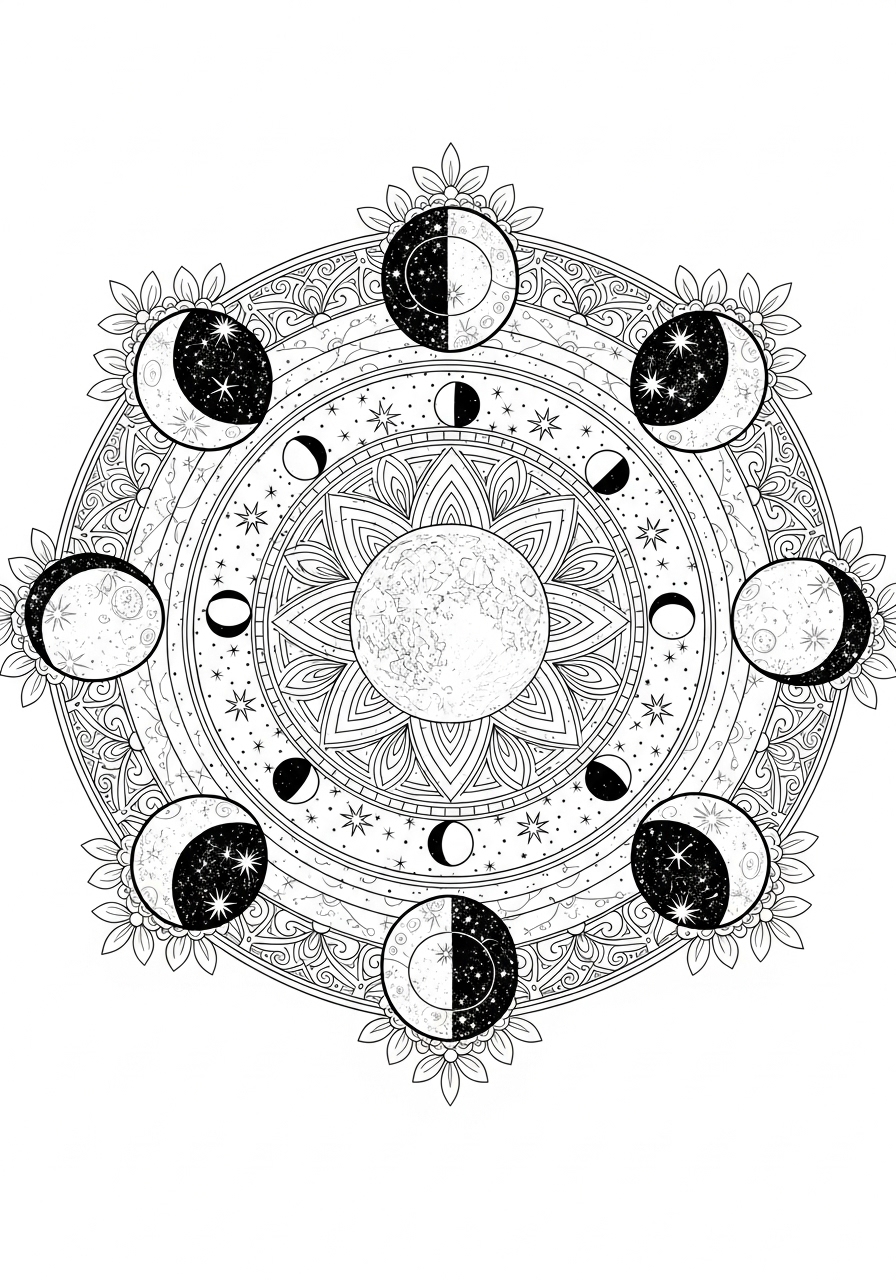 Desenho de Mandala com fases da lua para colorir