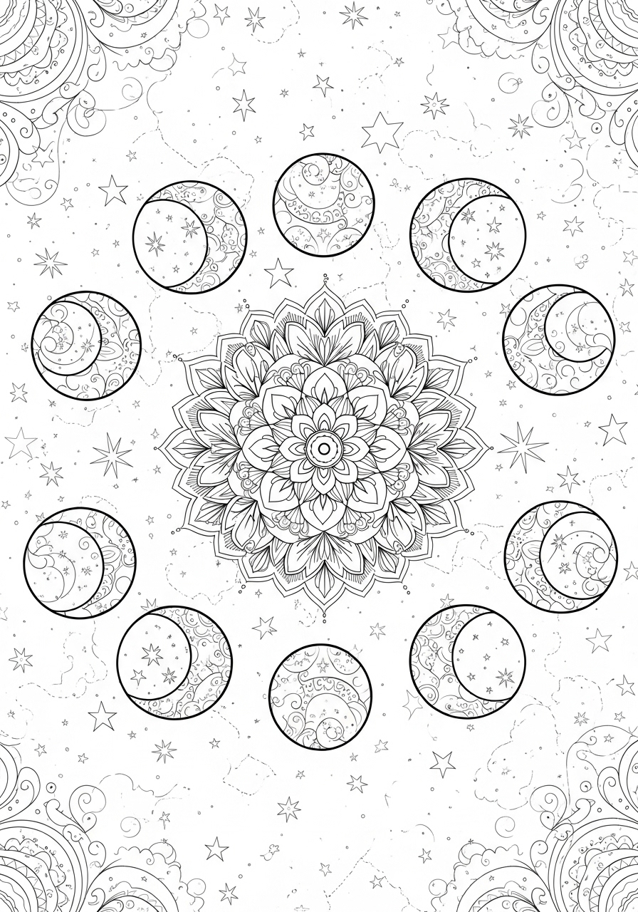 Desenho de Mandala com astros e flores para colorir