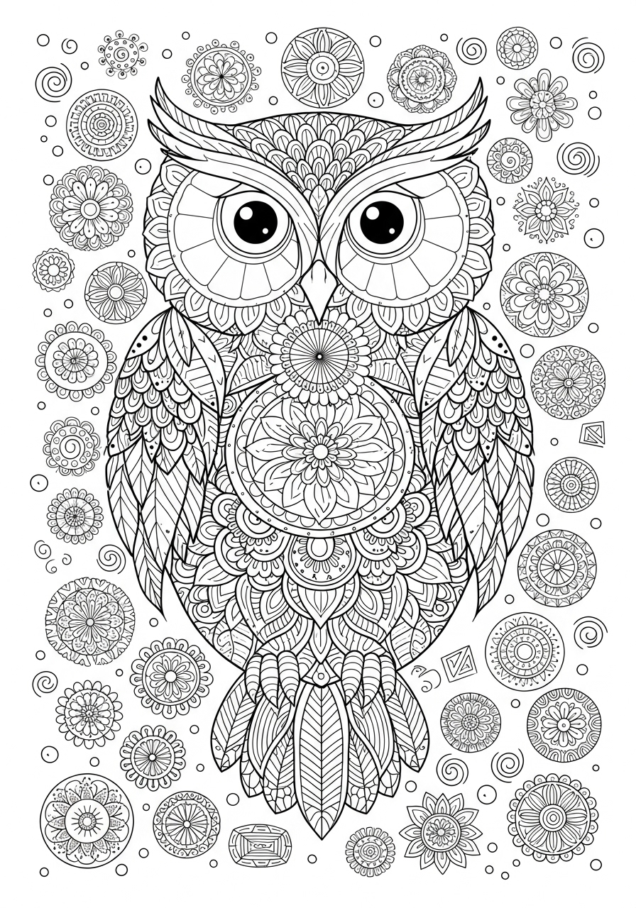 Desenho de Mandala para colorir com Coruja e elementos florais
