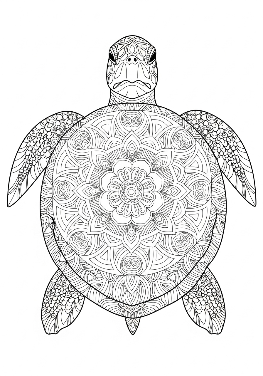 Desenho de Mandala: Tartaruga com detalhes florais para colorir