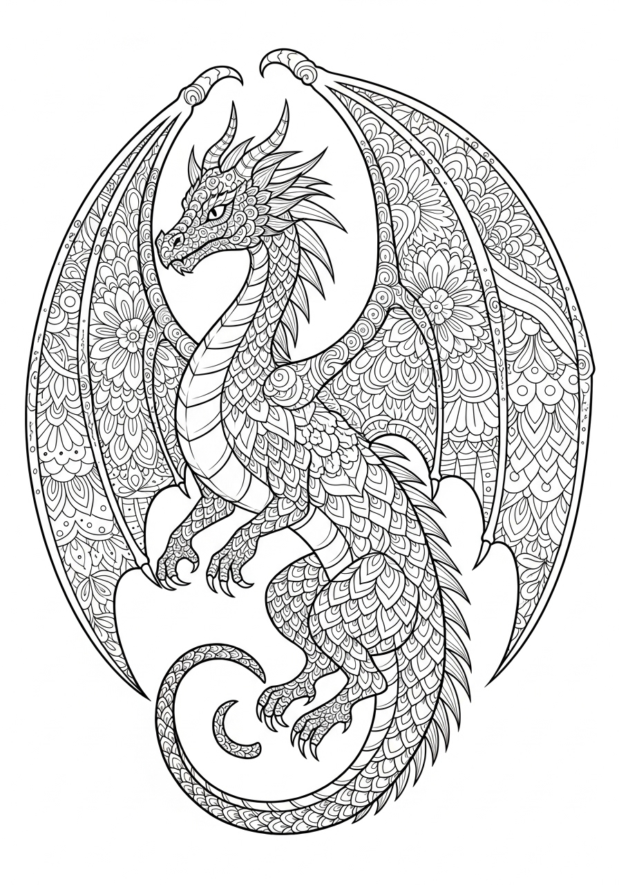 Desenho de Mandala Dragão com detalhes florais para colorir