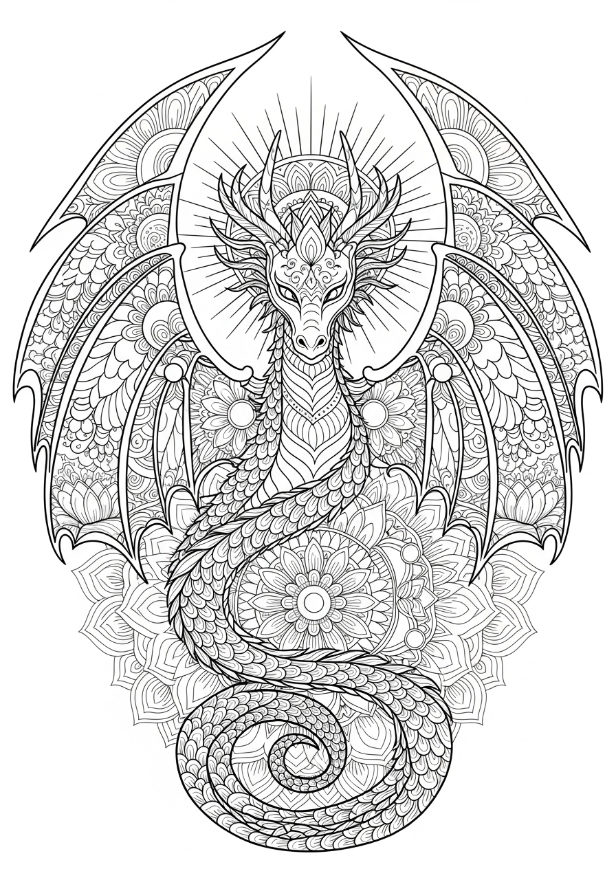 Desenho de Mandala Dragão com detalhes intricados para colorir