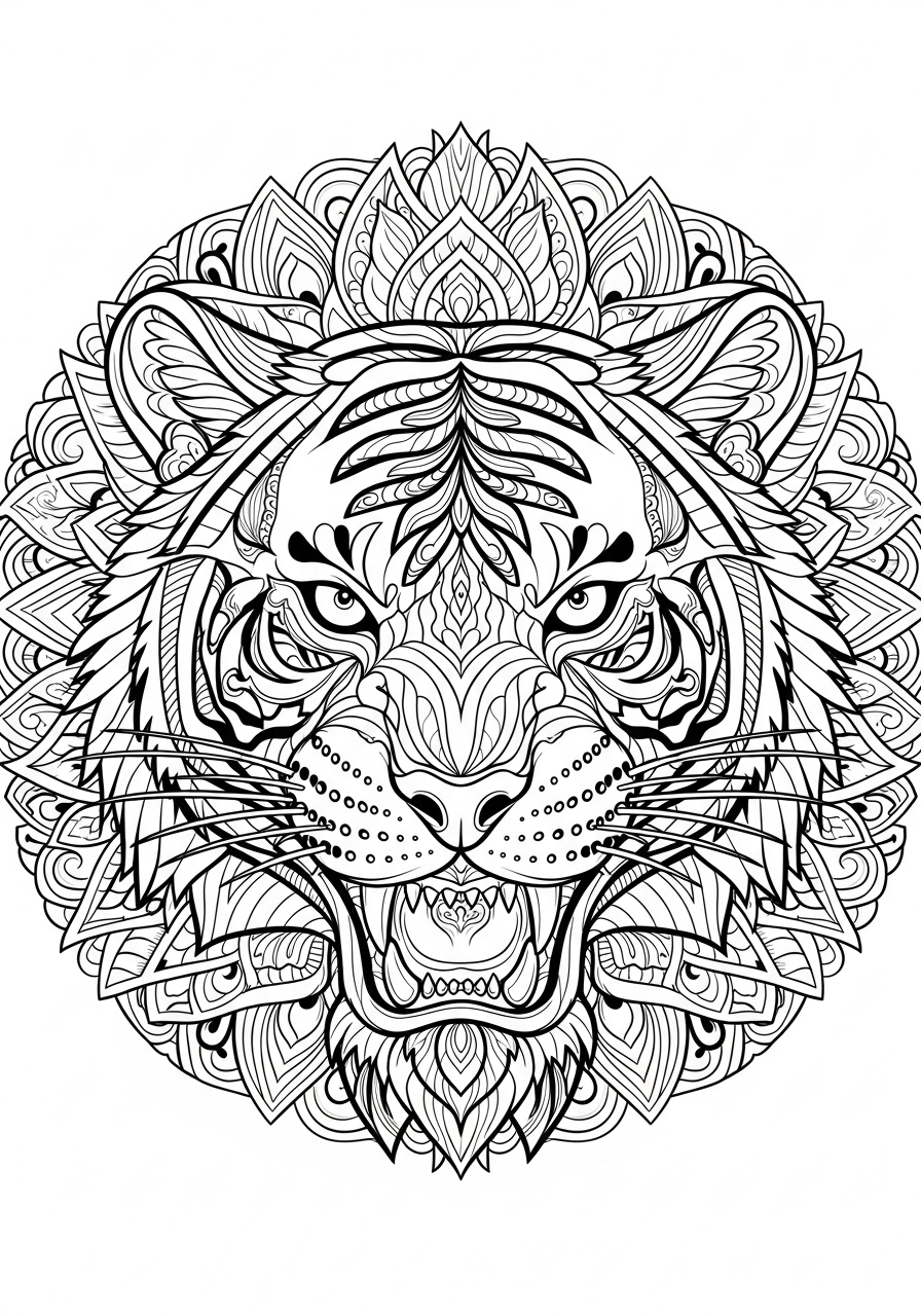 Desenho de Mandala Animais: Cabeça de Tigre para colorir