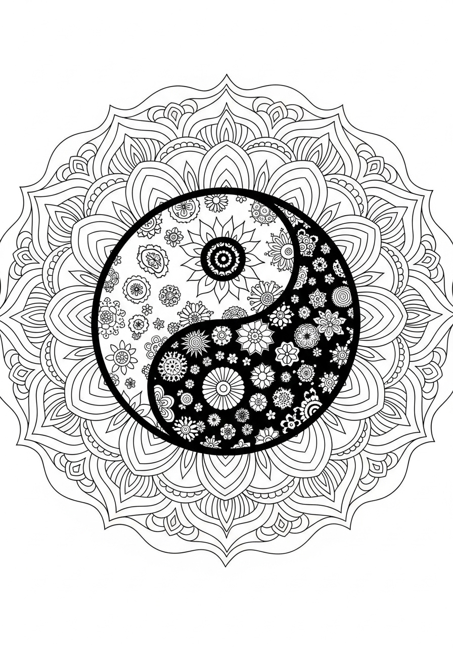Desenho de Mandala Yin Yang floral para colorir