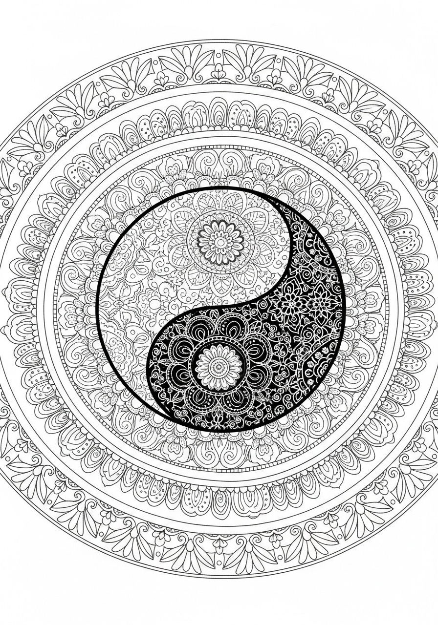 Desenho de Mandala Yin Yang com flores para colorir