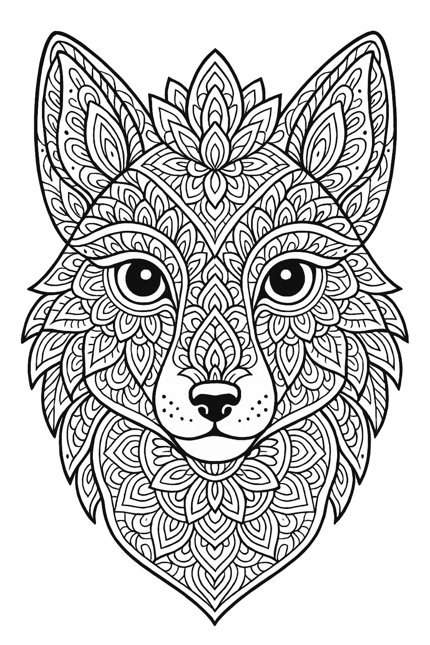 Desenho de Mandala Animais: Lobo decorado para colorir