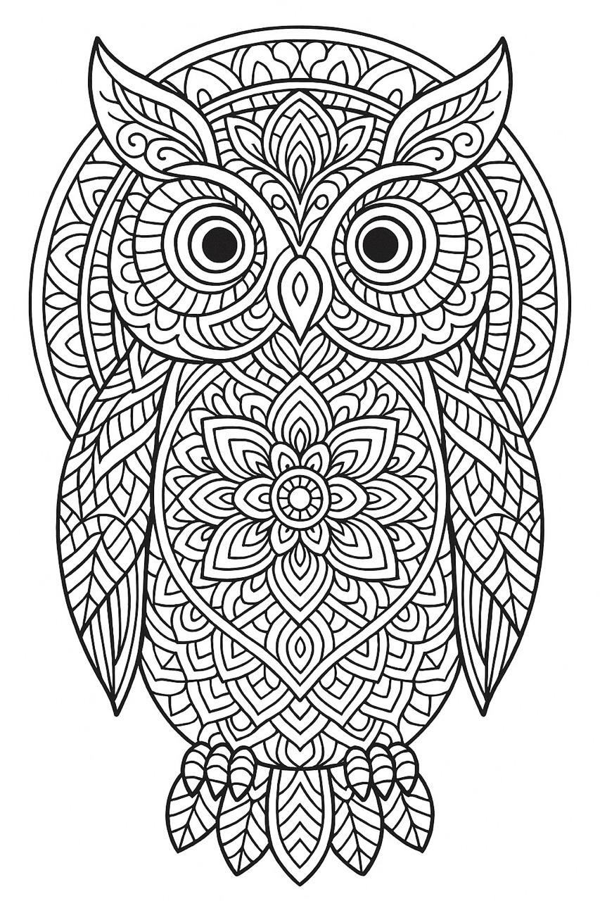 Desenho de Mandala Coruja com detalhes para colorir