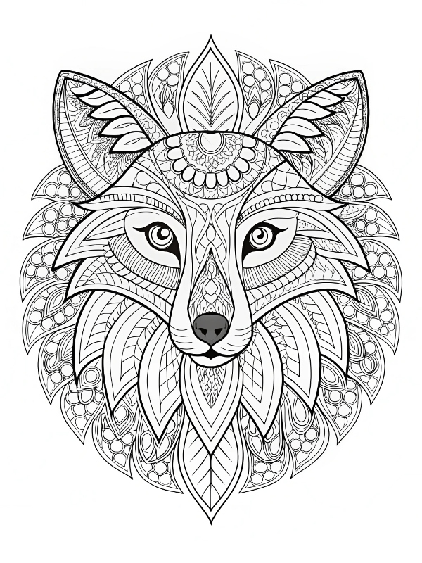 Desenho de Mandala Animais: Lobo com detalhes para colorir