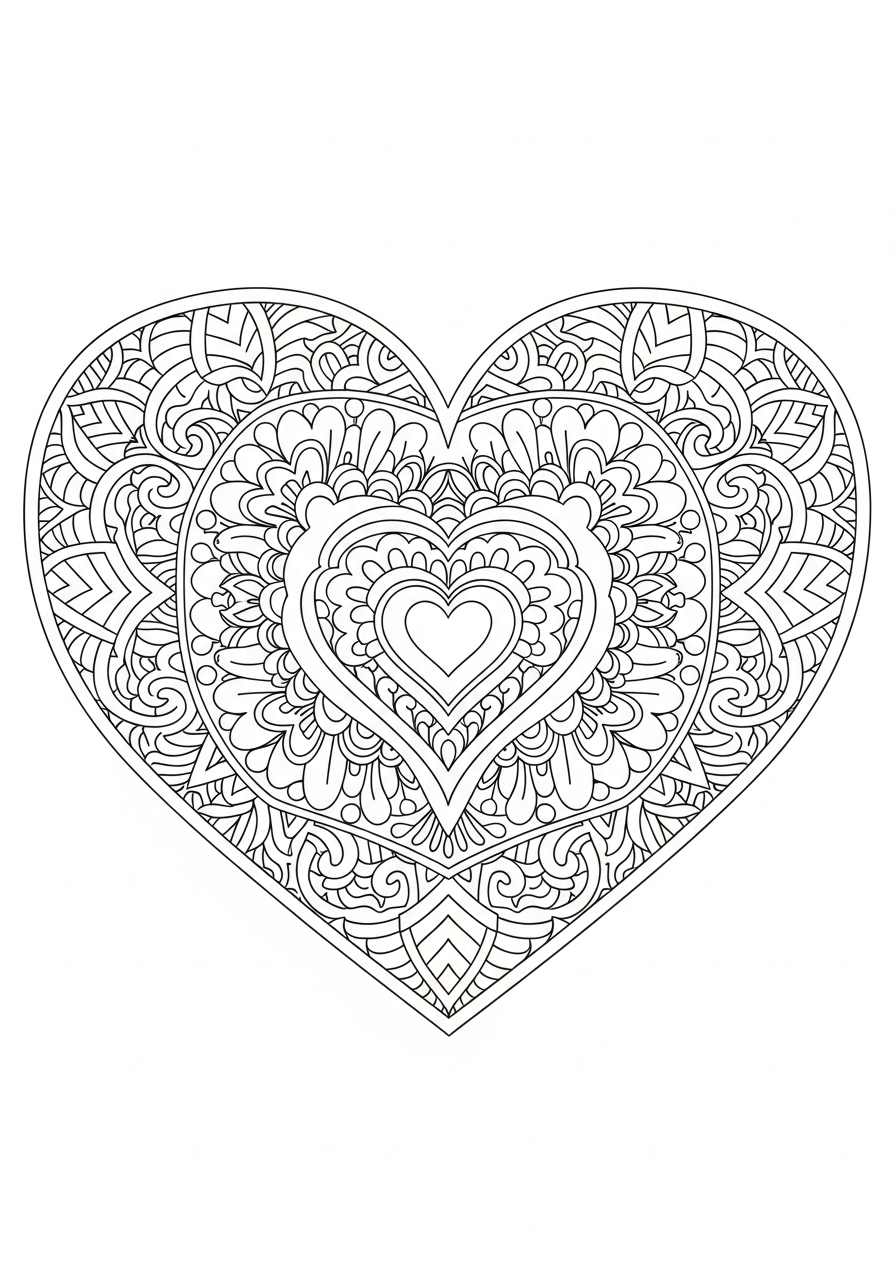 Desenho de Mandala Coração Florido para Colorir