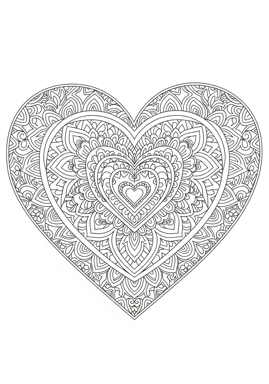 Desenho de Mandala Coração Floral para Colorir