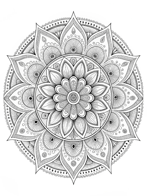 Desenho de Mandala com flores e padrões detalhados para colorir