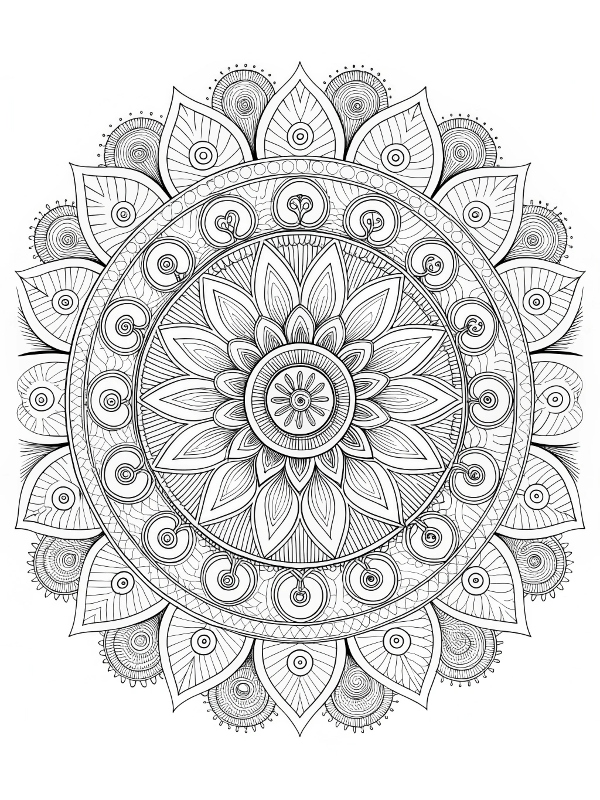 Desenho de Mandala para colorir com flores e padrões elaborados
