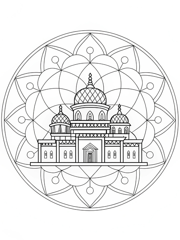 Desenho de Mandala com Edifício e Flores para colorir
