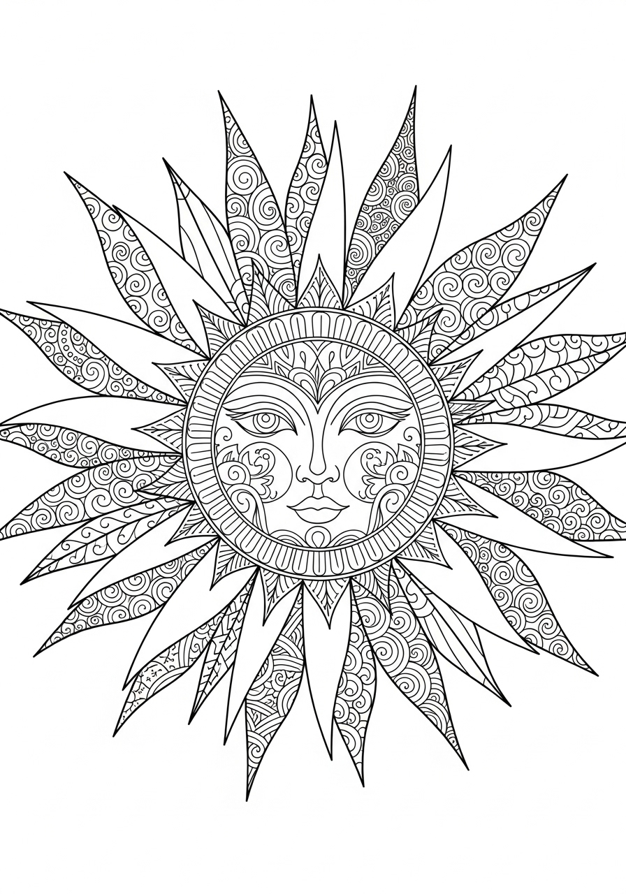 Desenho de Mandala Sol com traços detalhados para colorir