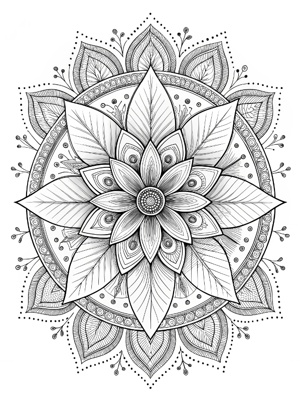Desenho de Mandala Florar com pétalas e folhas para colorir