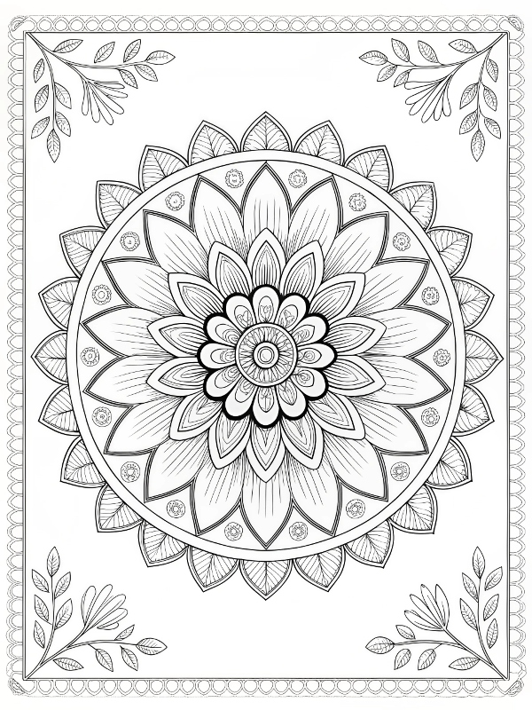 Desenho de Mandala Floral com pétalas e folhas para colorir