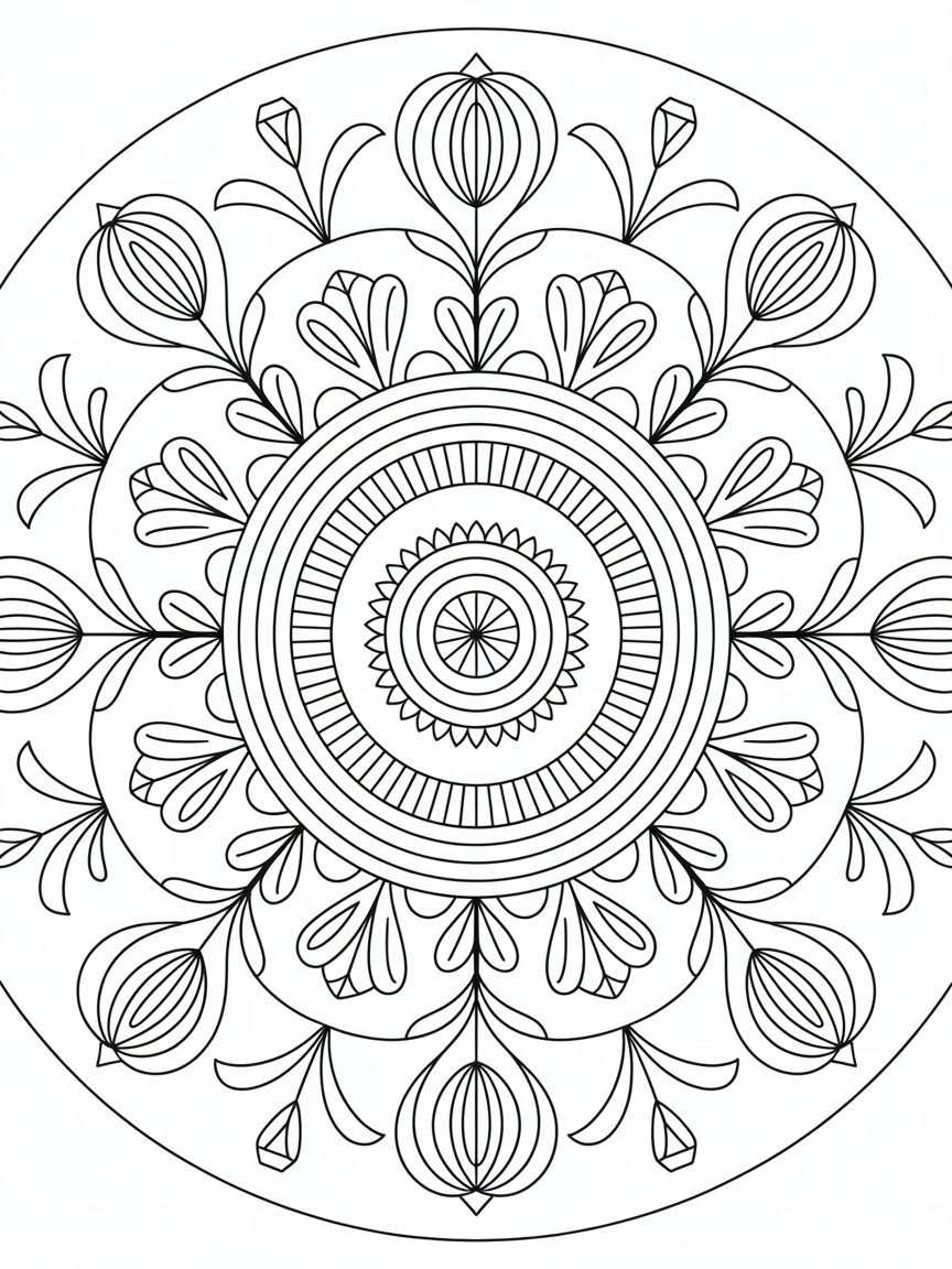 Desenho de Mandala Floral com Formas Geométricas para colorir