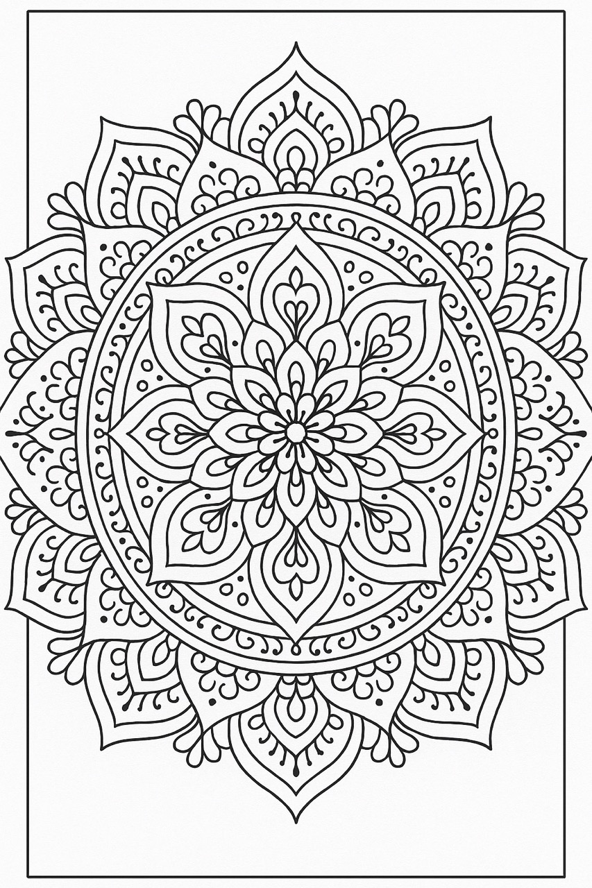 Desenho de Mandala com formas florais para colorir