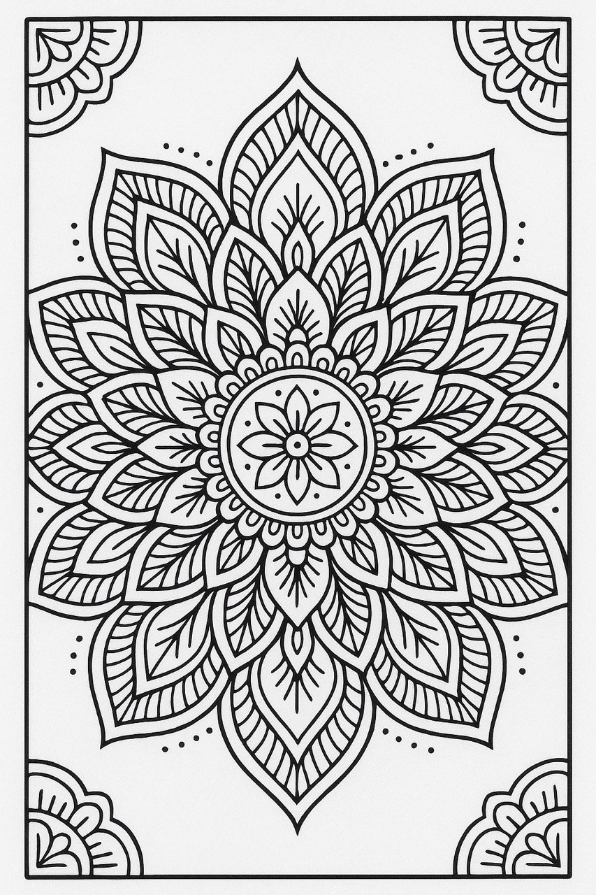 Desenho de Mandala: Flor Central com Folhas Detalhadas para colorir