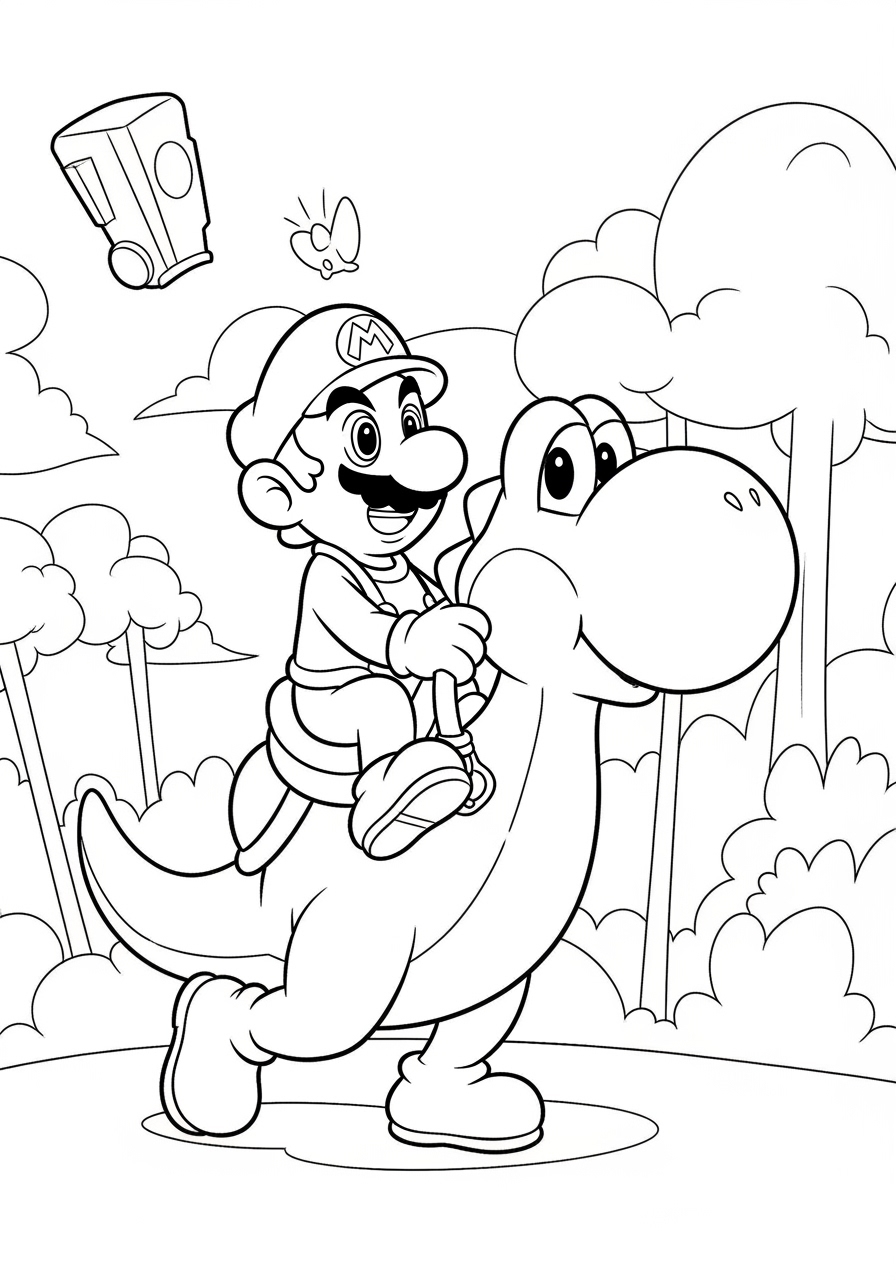 Desenho do Mario montado no Yoshi para colorir