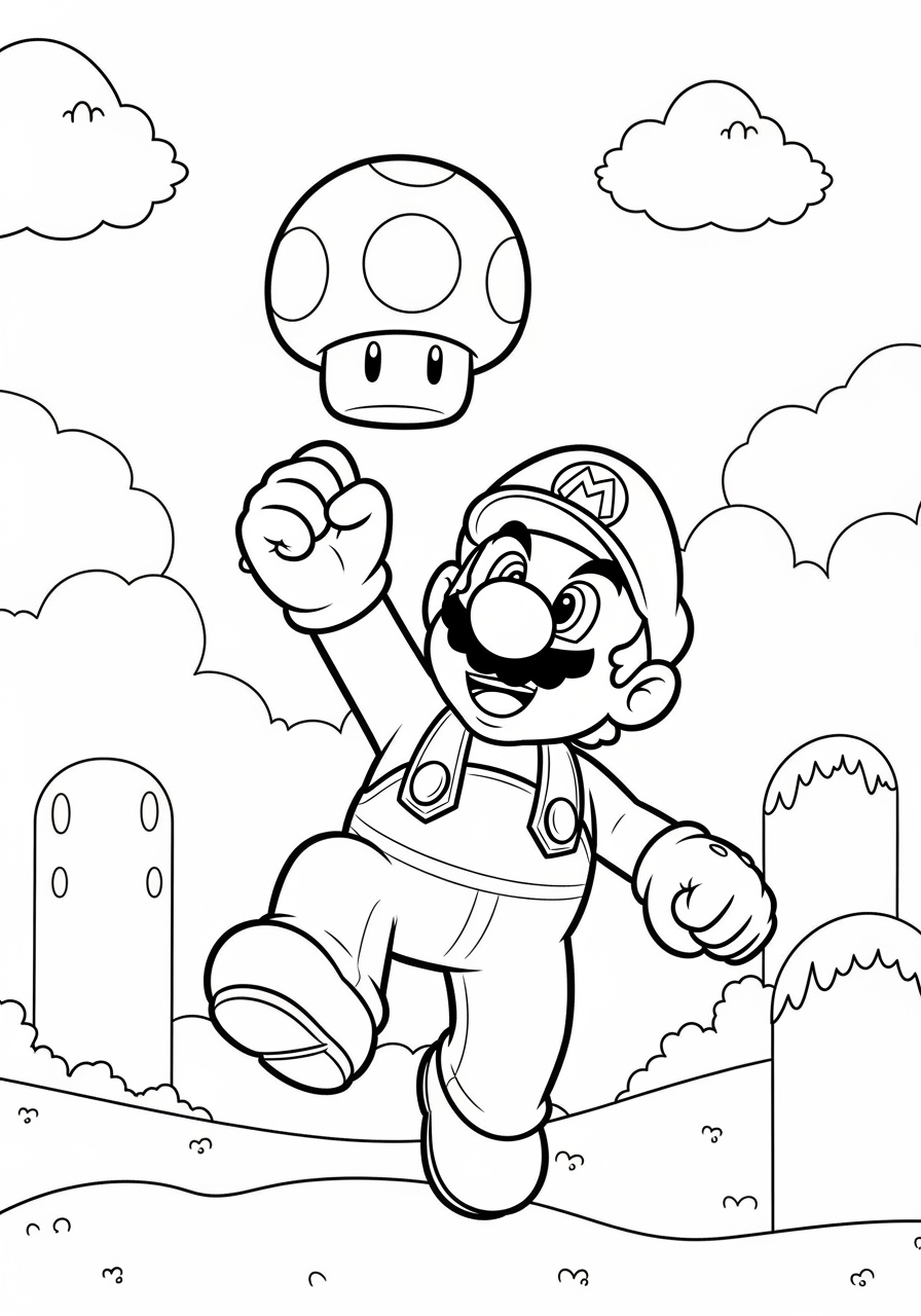 Desenho do Mario segurando um cogumelo para colorir