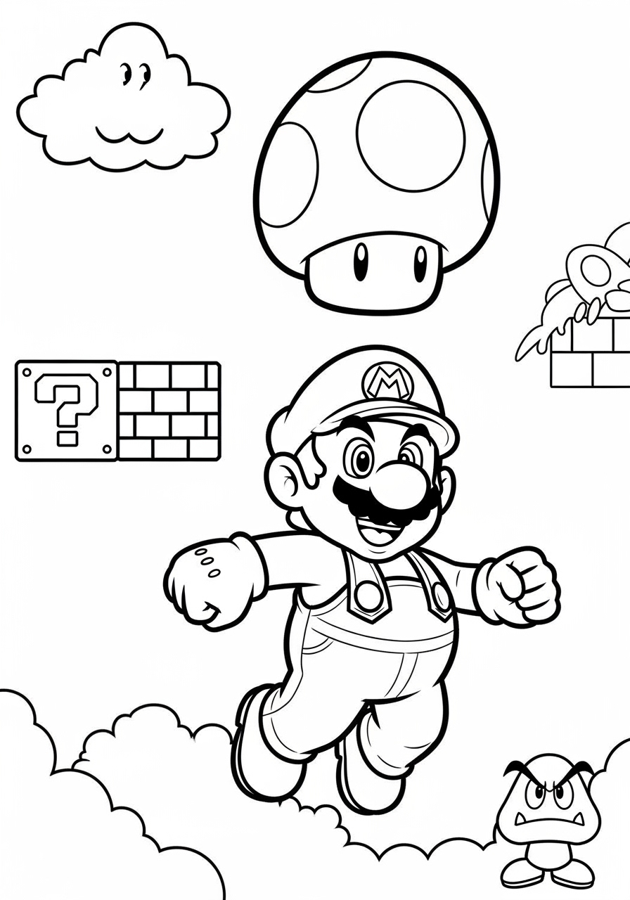 Desenho do Mario correndo entre nuvens e itens para colorir