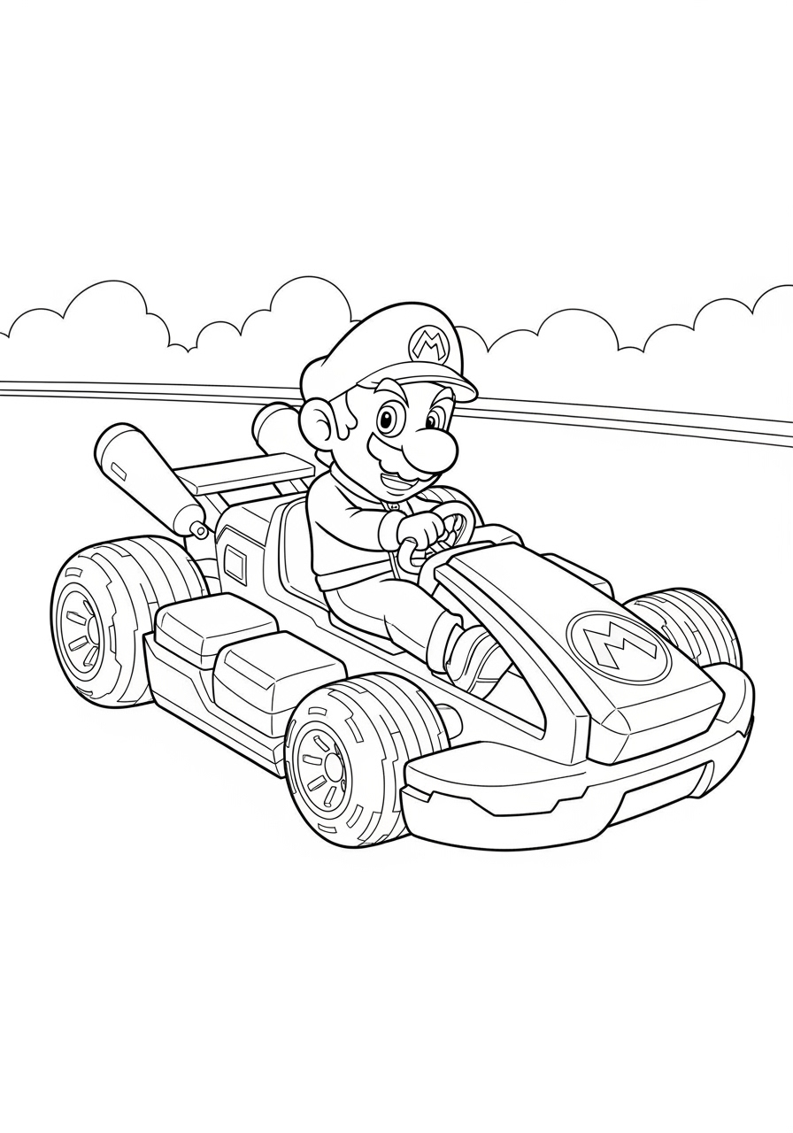 Desenho do Mario dirigindo um kart para colorir