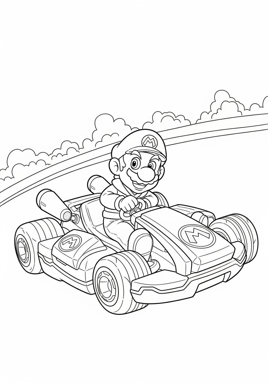 Desenho do Mario dirigindo kart para colorir