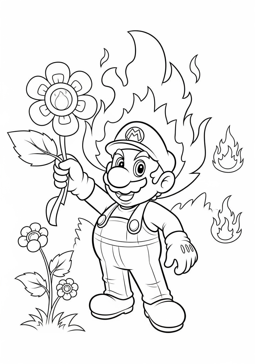 Desenho do Mario segurando uma flor em chamas para colorir