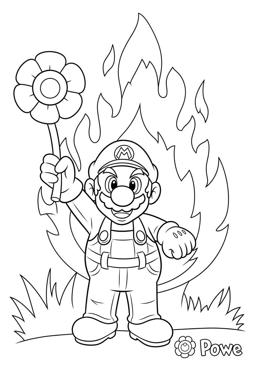 Desenho do Mario segurando uma flor em frente ao fogo