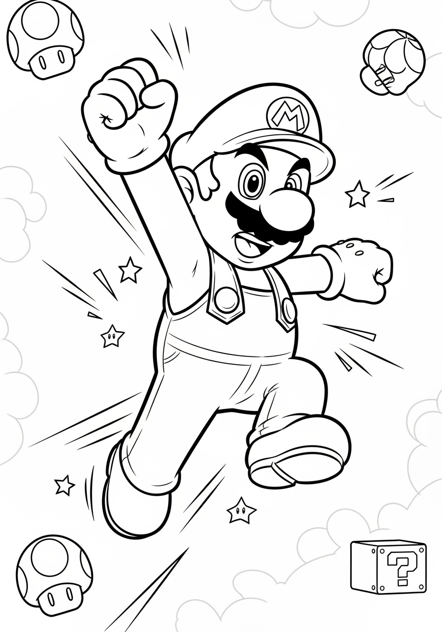 Desenho do Mario saltando com um punho levantado para colorir