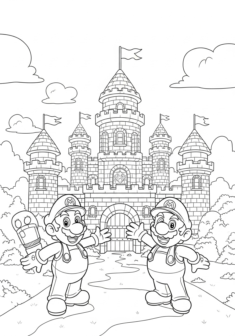 Desenho do Mario e Luigi em frente a um castelo para colorir