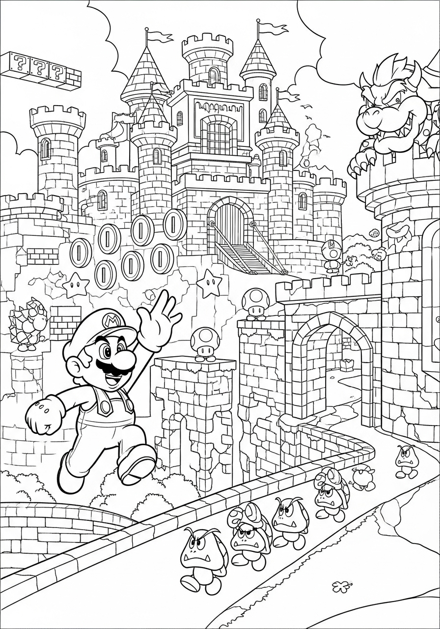 Desenho do Mario correndo entre Goombas para colorir