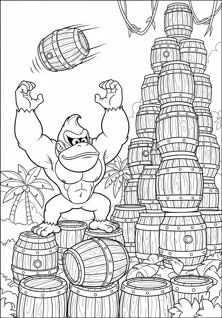 Desenho do Donkey Kong jogando um barril para colorir