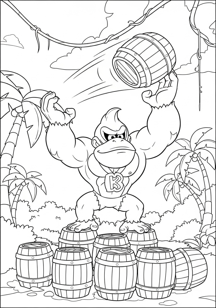 Desenho do Donkey Kong levantando barris para colorir