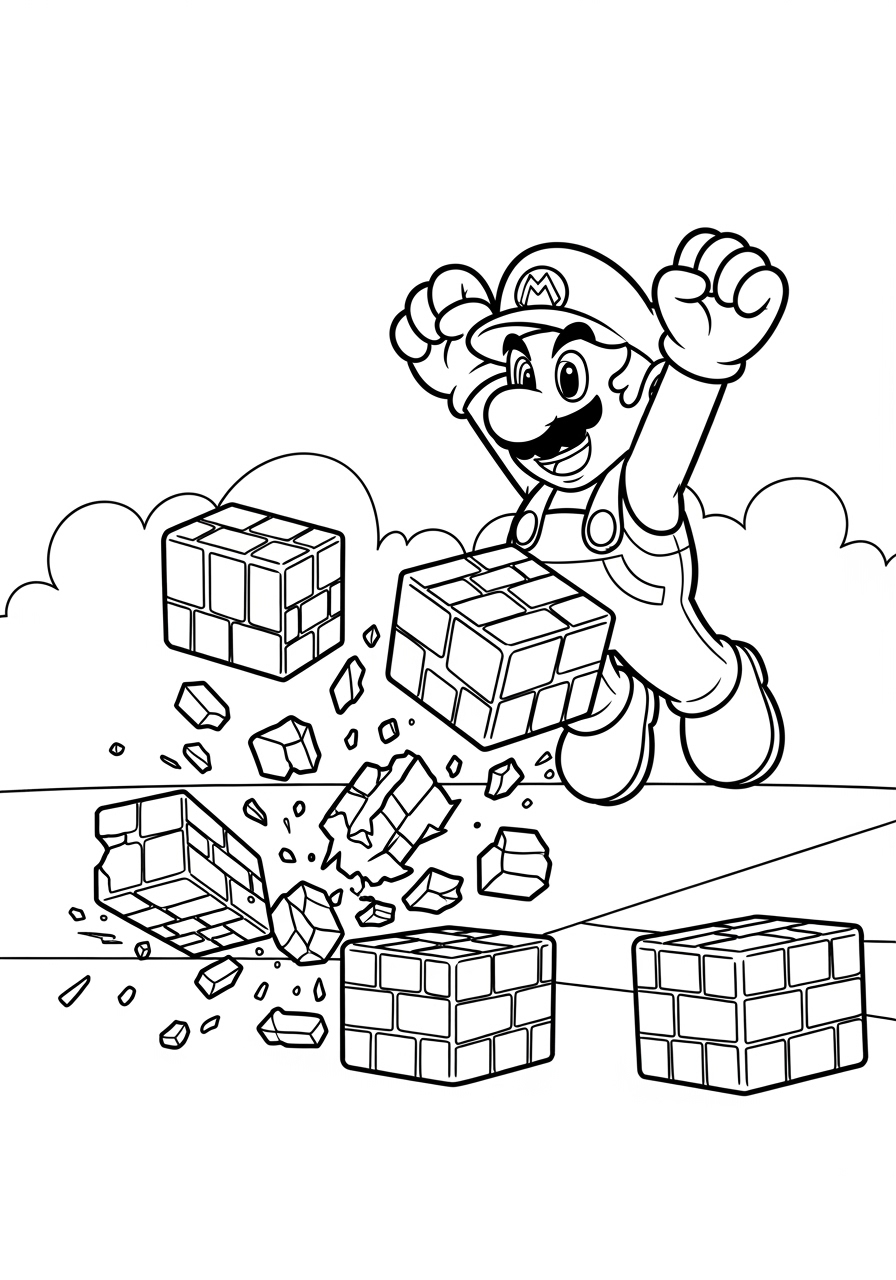 Desenho do Mario quebrando blocos para colorir