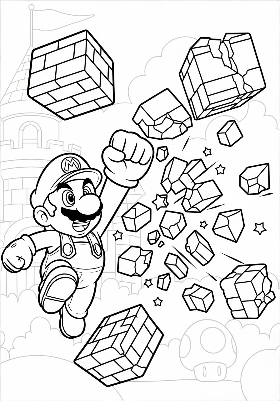 Desenho do Mario voando entre blocos para colorir