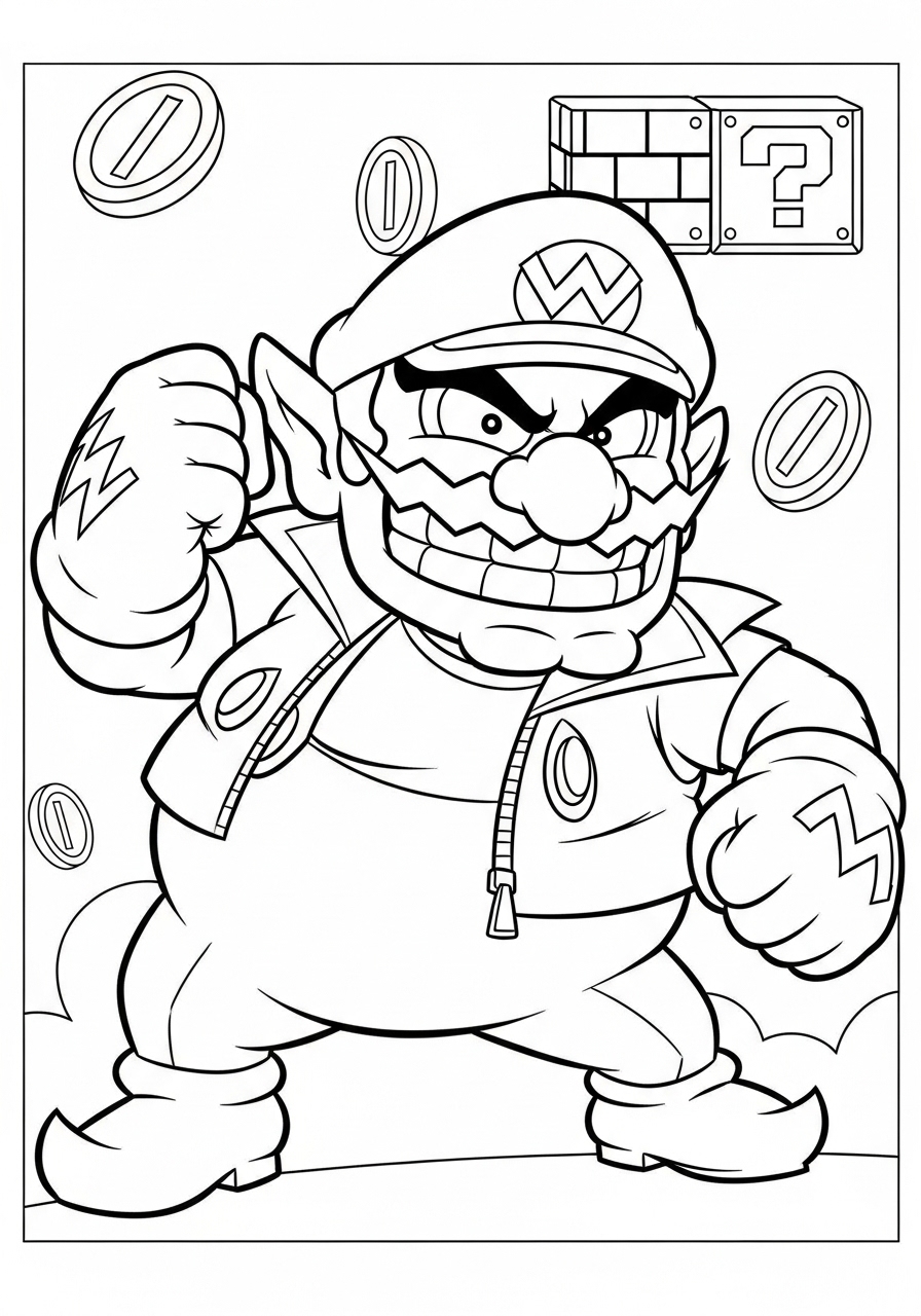 Desenho do personagem Wario vestido com roupa de lutador