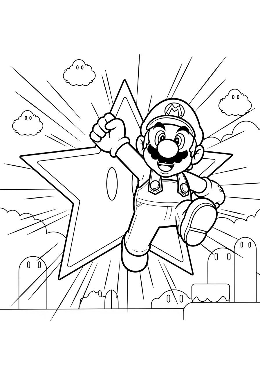 Desenho do Mario segurando uma estrela para colorir