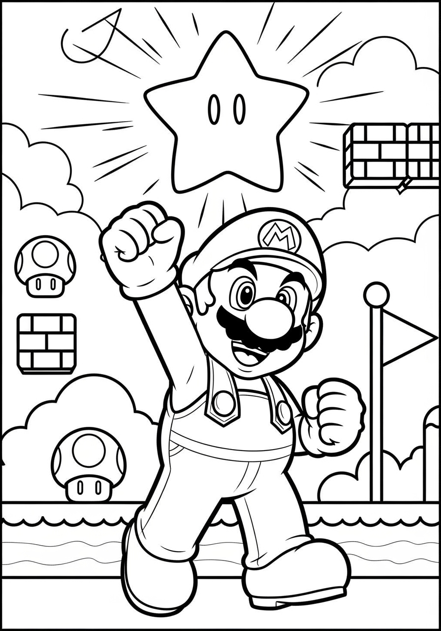 Desenho do Mario com estrela e blocos para colorir