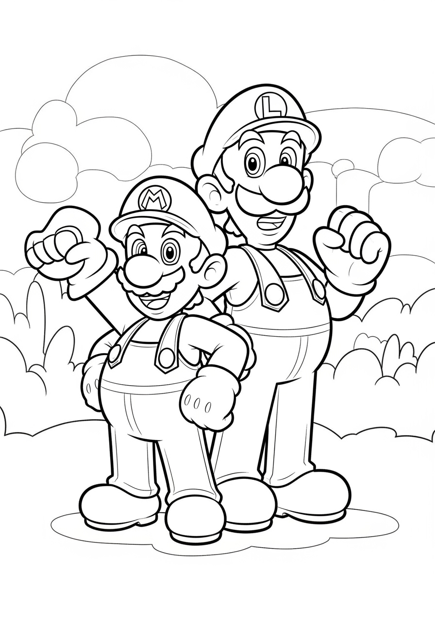 Desenho do Mario e Luigi comemorando juntos para colorir