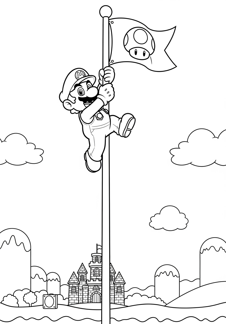 Desenho do Mario subindo um mastro com bandeira para colorir