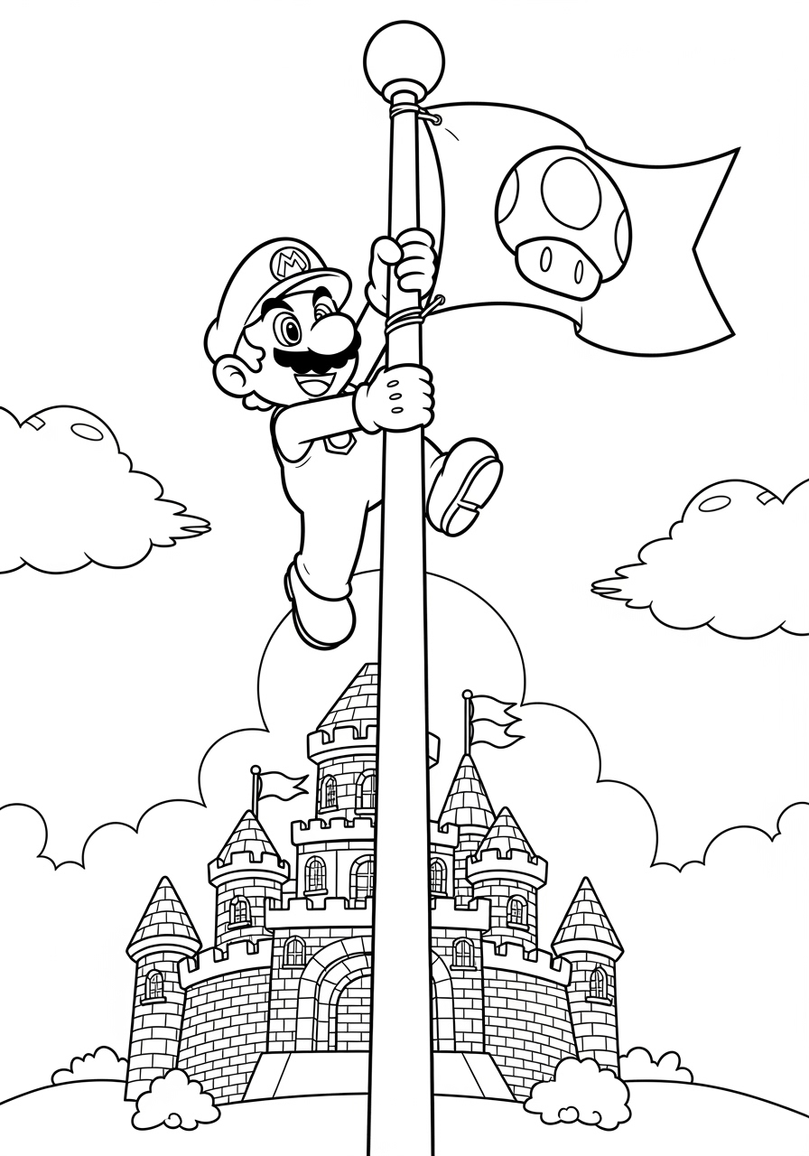 Desenho do Mario subindo em um mastro com castelo ao fundo