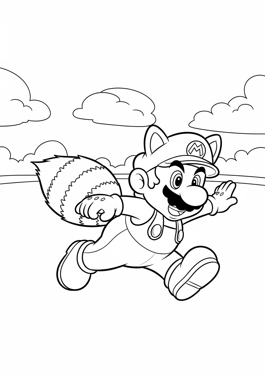 Desenho do Mario correndo com cauda de guaxinim para colorir